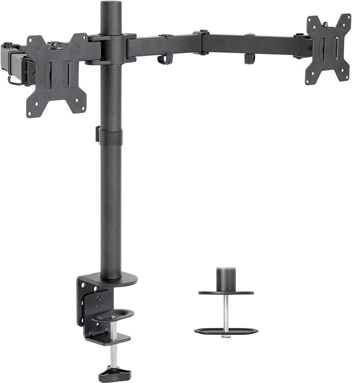VIVO Dual LCD LED Monitor Desk Mount Stand with C-clamp and Bolt-Through Grommet Options, Heavy Duty Fully Adjustable Arms Hold 2 Screens up to 27 inches (STAND-V002)