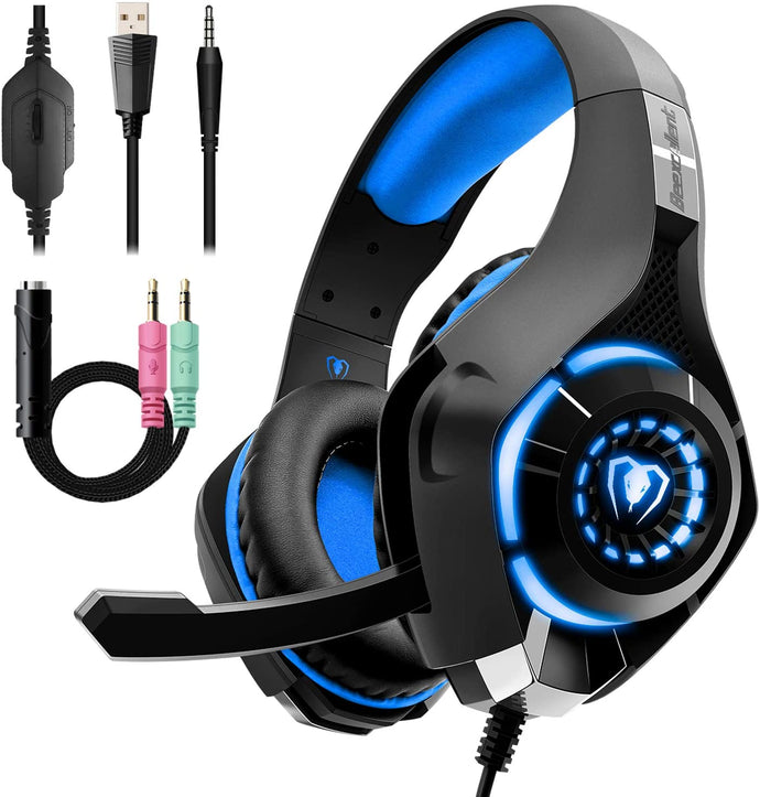 Beexcellent Gaming Headset for PS4 Xbox One, Over-Ear Gaming Headphones with Noise Reduction Mic Volume Control LED Light for PC Laptop Mac Tablet Smart Phone