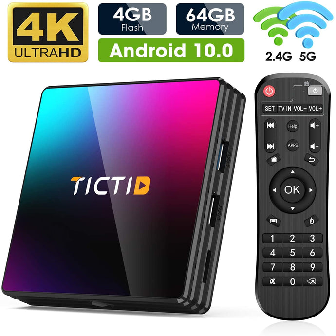 Android 10.0 TV Box, TICTID Android Box 4GB RAM 64GB ROM T8 PRO Android TV Box Media Player RK3318 Quad Core 3D 4K H.265 WiFi 2.4G/5G Smart TV Box
