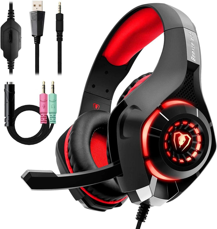 Gaming Headset for PC PS4, Beexcellent Stereo Surround Sound Gaming Headphones with Noise Cancelling Microphone Volume Control LED Lights for Xbox One Laptops Mac Smartphone (RED)