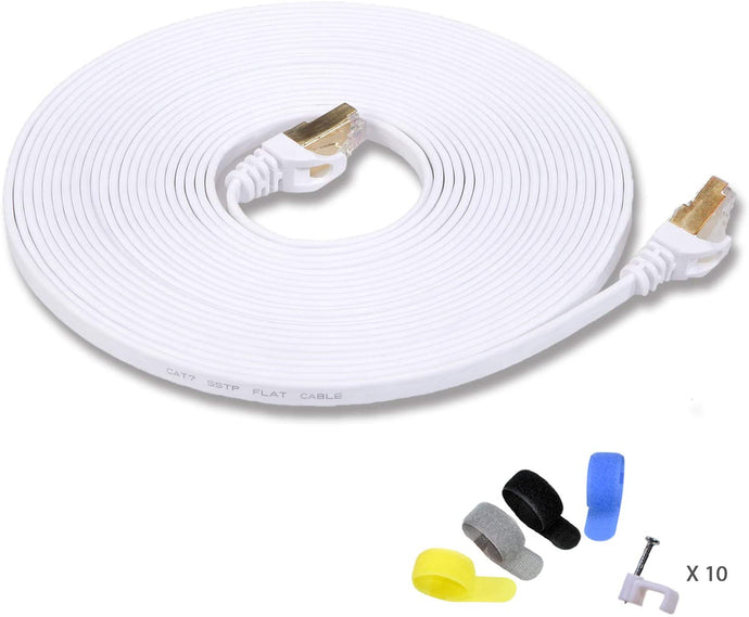 Cat 7 Shielded Ethernet Cable 25 ft White (Highest Speed Cable) Cat7 Flat Ethernet Patch Cables - Internet Cable for Modem, Router, LAN, Computer - Compatible with Cat 5e,Cat 6 Network