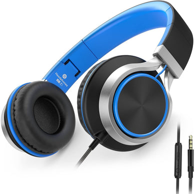 AILIHEN C8 Headphones with Microphone and Volume Control Folding Lightweight 3.5mm Jack Headset for Cellphones Tablets Smartphones Laptop Computer PC Mp3/4(Black/Blue)