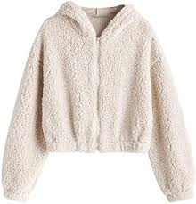 ZAFUL Women's Zip Up Faux Shearling Fluffy Hooded Cropped Teddy Jacket Coat