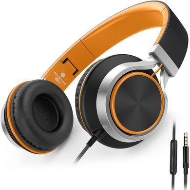 Headphones, AILIHEN C8 Lightweight Foldable Headphone with Microphone Volume Control for Android Smartphones,PC,Laptop,Mac,Tablet, 3.5mm Jack Headset (Black/Orange)