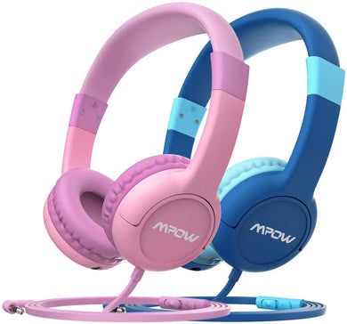 [2 Pack] Mpow CHS1 Kids Headphones with Volume Control and Mic, Share Interface, Safe Food Grade Material, 85dB Limited Volume, 3.5mm Audio Jack, Blue & Pink