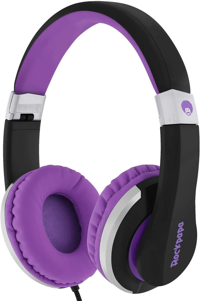 Rockpapa Foldable Adjustable Stereo Portable Wired Headphones with in-Line Microphone, Over Ear Kids Childrens Adults Headsets for CD DVD MP3/4 Player Surface Tablets iPad iPod iPhone (Black/Purple)