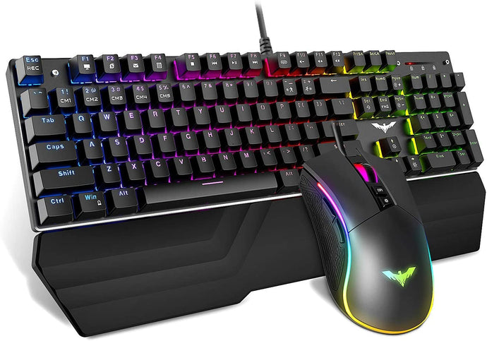 Havit Mechanical Keyboard and Mouse Combo R G B Gaming 104 Keys Blue Switches Wired USB Keyboards with Detachable Wrist Rest, Programmable Gaming Mouse for Gamer Computer Desktop
