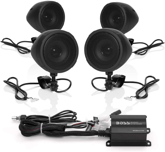 BOSS Audio Systems MCBK470B Weatherproof Speaker/Amplifier Sound System, Bluetooth Amplifier, Four Speakers, Inline Volume Control, Ideal for Motorcycles/ATV and 12 Volt Applications