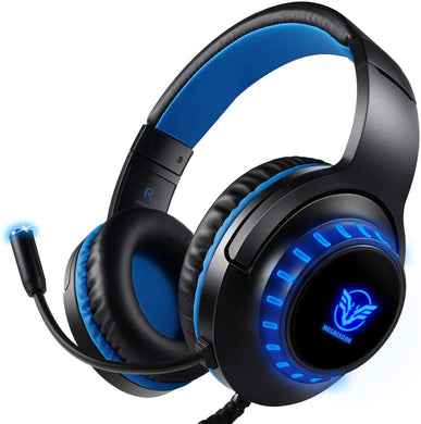 Pacrate Gaming Headset for PS4 PC Xbox One Headset with Microphone Noice Cancelling Stereo Surround Sound Headphone with LED Light Intense Bass for PC Laptop Mac (Black Blue)