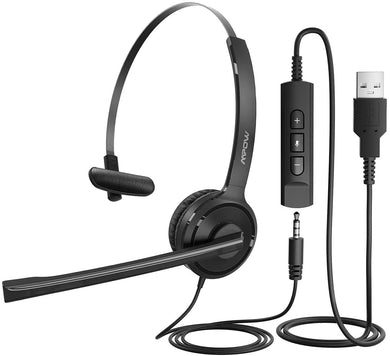 Mpow Single-Sided PC 3.5mm/USB Microphone Headset Noise Cancelling, 270 Degree Rotatable Boom Mic for Right/Left Ear, Comfort-fit Skype Headphone with Mute Function