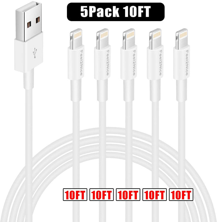 FEEL2NICE 5 Pack 10ft Charger Cord for Long 10 Foot iPhone Charging Cable/Data Sync Fast iPhone USB Charging Cable Cord Compatible with iPhone X Case/8/8 Plus/7/7 Plus/6/6s Plus/5s/5,iPad Case(White)