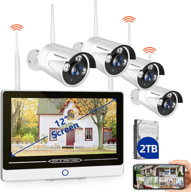 【2020 Update】SMONET All in One with 12” Monitor 1080P Security Camera System Wireless,8-Channel Outdoor Home Camera System(2TB Hard Drive),4pcs 2.0MP(1080P) Waterproof Wireless IP Camera,P2P,Free APP