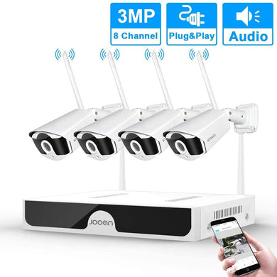 JOOAN【2020 updated】3MP Security Camera System wireless,8-Channel NVR&4Pcs FHD 1296P (clearer than 1080P)Audio Record CCTV Cameras,Waterproof&Good Night Vision,Motion Dectection&Email Alarm