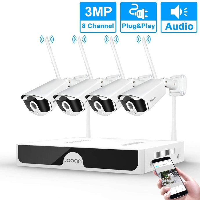 JOOAN【2020 updated】3MP Security Camera System wireless,8-Channel NVR&4Pcs FHD 1296P (clearer than 1080P)Audio Record CCTV Cameras,Waterproof&Good Night Vision,Motion Dectection&Email Alarm