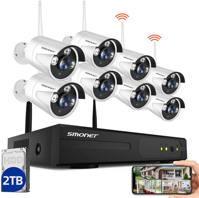 SMONET 8-Channel 1080P Wireless Surveillance/Security Camera System(2TB Hard Drive),8PCS 2MP Outdoor Waterproof IP Cameras,P2P,Night Vision,White