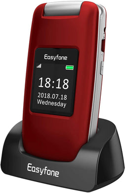 Easyfone Prime A1 3G Unlocked Senior Flip Cell Phone, Big Button Hearing Aids Compatible Easy-to-Use Basic Cell Phone with Charging Dock(Red)