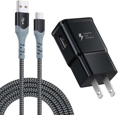 Fast Adaptive Wall Charger with USB-C Cable 10Ft/3M, Excgood Fast Charge 3.0 Power Adapter + Nylon Braided USB Type C Cable Compatible with Samsung Galaxy S8/9+/10e,Note 8/9,LG G5/6/7 V20/30 (Black)