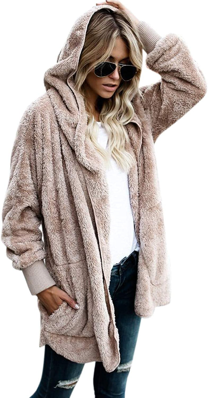 Zilcremo Women Fuzzy Cardigan Winter Hooded Jacket Open Front Fleece Coat Outwear with Pockets - DeliverMyCart.com