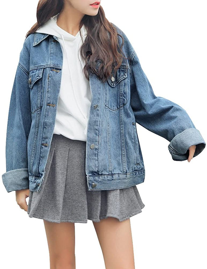Dasior Women's Boyfriend Denim Jackets Long Sleeve Loose Jean Coats - DeliverMyCart.com