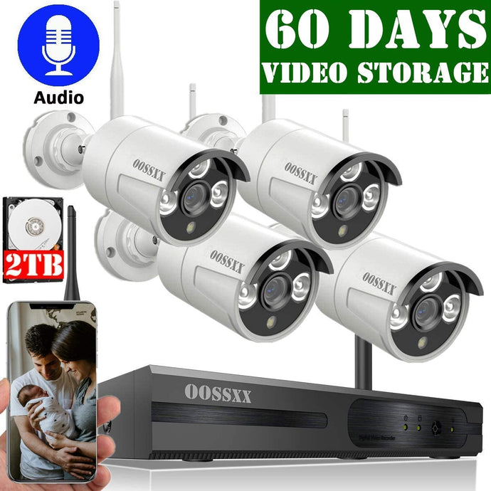 【Expandable 8CH&Audio】 OOSSXX 8-Channel HD 1080P Wireless Security Camera System,4Pcs 1080P Wireless Indoor/Outdoor IR Bullet IP Camera with One-Way Audio,P2P,App, HDMI Cord & 2TB HDD Pre-Install