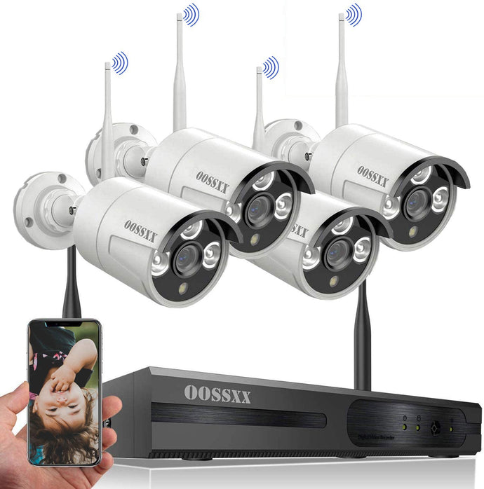 【Expandable 8CH&Audio】OOSSXX 8-Channel HD 1080P Wireless Security Camera System(IP Wireless WiFi NVR Kits),4Pcs 1080P Megapixel Wireless Indoor/Outdoor IR Bullet IP Cameras,P2P,App,No Hard Drive