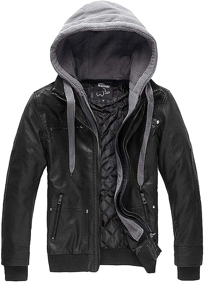 Wantdo Men's Leather Jacket with Removable Hood