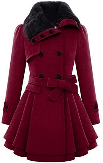 Zeagoo Women Long Sleeve Faux Fur Lapel Double-Breasted Thick Wool Coat