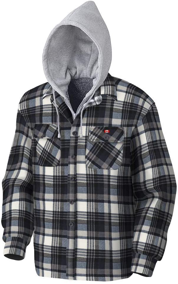 Pioneer V3080396-L Polar Fleece Work Shirt - Quilted Hooded, Blue-Grey Plaid, L
