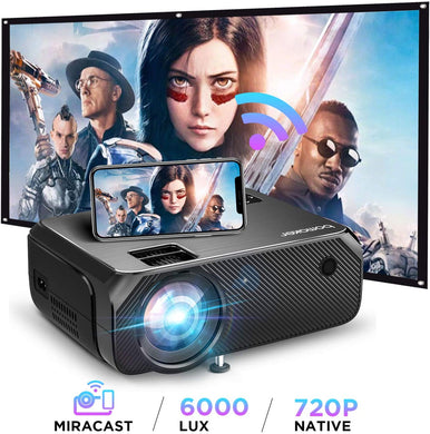 Bomaker Wi-Fi Mini Projector, Upgraded 6000 Lux, Full HD 1080P Supported, Wireless Screen Mirroring and Miracast, Portable HDMI Projector, For Android/ iOS / Laptops/ PCs/ Window, For Outdoor Theater