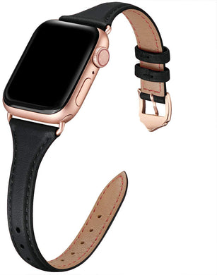 WFEAGL Leather Bands Compatible with Apple Watch 38mm 40mm 42mm 44mm, Top Grain Leather Band Slim & Thin Replacement Wristband for iWatch Series 5 / 4 / 3 / 2 / 1 (Black Band+Rose Gold Connector, 38mm 40mm)