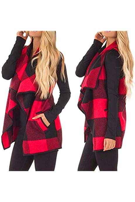Yacun Women Plaid Vest Open Front Flannel Buffalo Sleeveless Cardigan Shawl Coat - DeliverMyCart.com