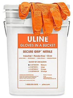 Orange ULINE SECURE GRIP™ NITRILE GLOVES IN A BUCKET PACK OF 300