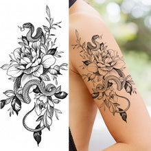 Black Large Snake Flower Fake Tattoo Sticker For Women Dot Rose Peony Temporary Tattoos DIY Water Transfer Tatoos Girls
